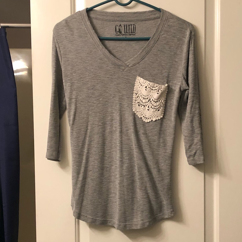 Grey 3/4 length blouse w/ Front Pocket